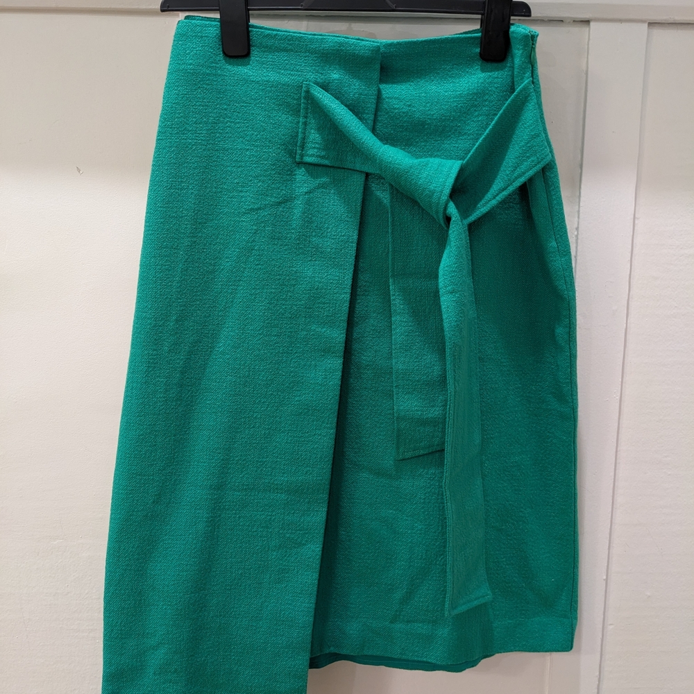 Anthropologie Green Tie Front Wrap Midi Skirt